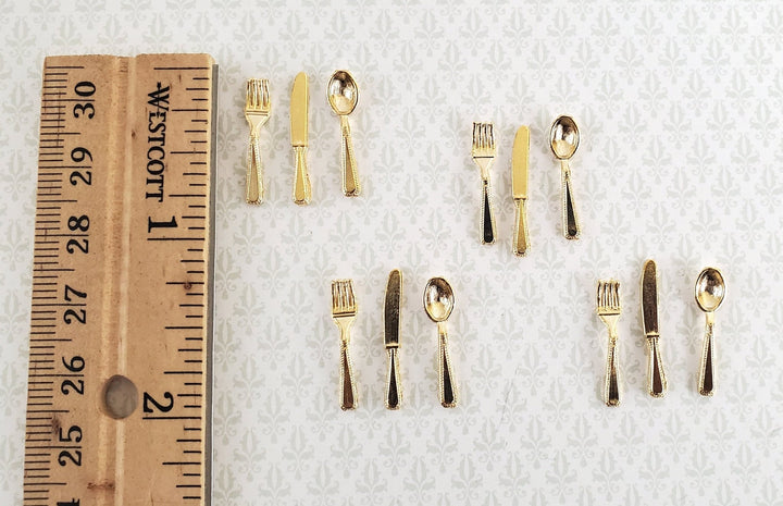 Dollhouse Miniature Gold Flatware Fork Spoon Knife 4 Place Settings 1:12 Scale - Miniature Crush