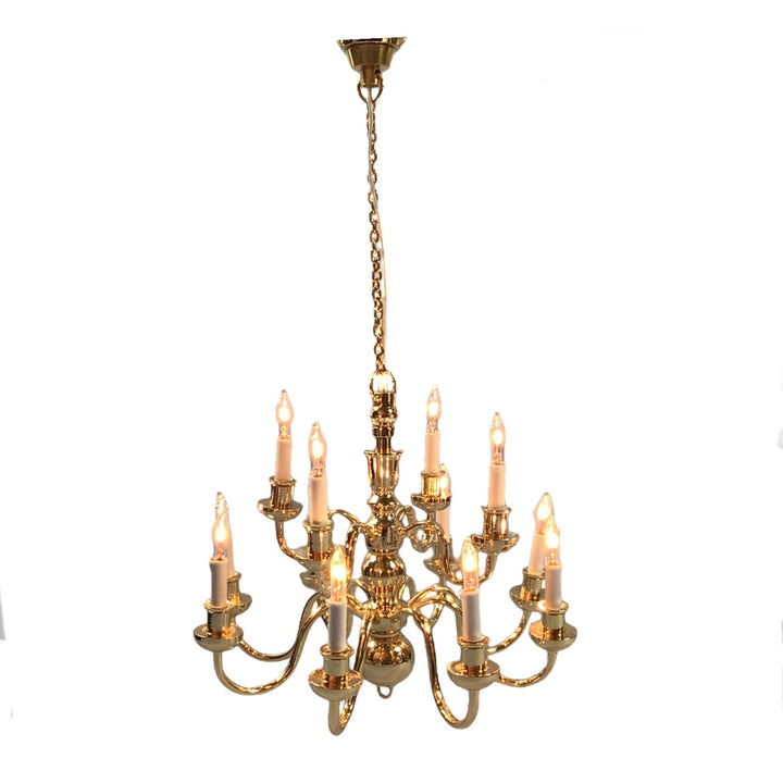 Dollhouse Miniature Hanging Chandelier Large 12 Arm Candle 12 Volt Electric GOLD 1:12 or 1/6 Scale - Miniature Crush