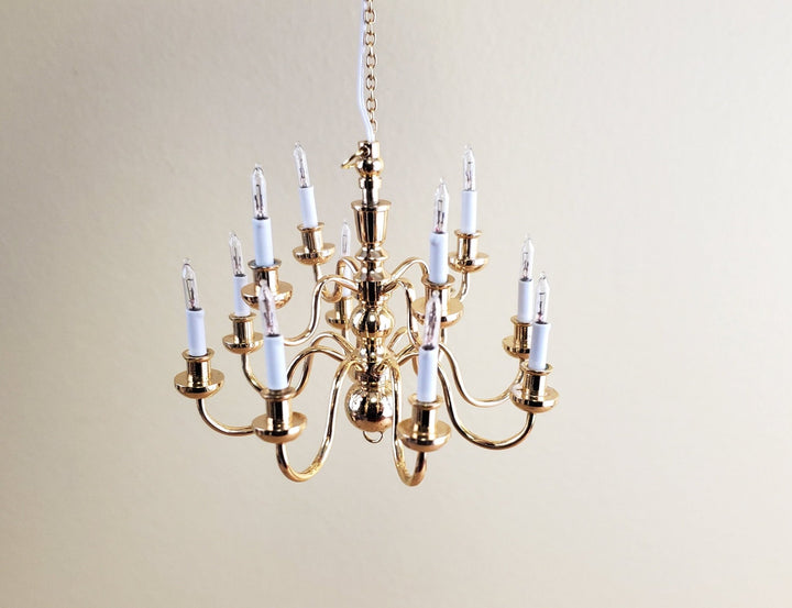 Dollhouse Miniature Hanging Chandelier Large 12 Arm Candle 12 Volt Electric GOLD 1:12 or 1/6 Scale - Miniature Crush