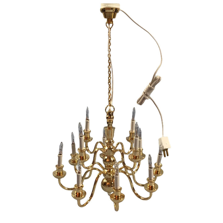 Dollhouse Miniature Hanging Chandelier Large 12 Arm Candle 12 Volt Electric GOLD 1:12 or 1/6 Scale - Miniature Crush