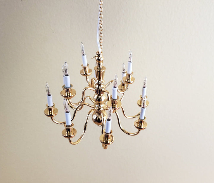Dollhouse Miniature Hanging Chandelier Large 12 Arm Candle 12 Volt Electric GOLD 1:12 or 1/6 Scale - Miniature Crush