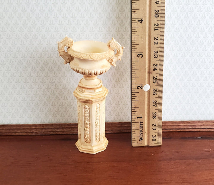 Dollhouse Miniature Pedestal Plant Stand w/ 2 Handled Urn Cast Resin 1:12 Scale Aged Tan - Miniature Crush
