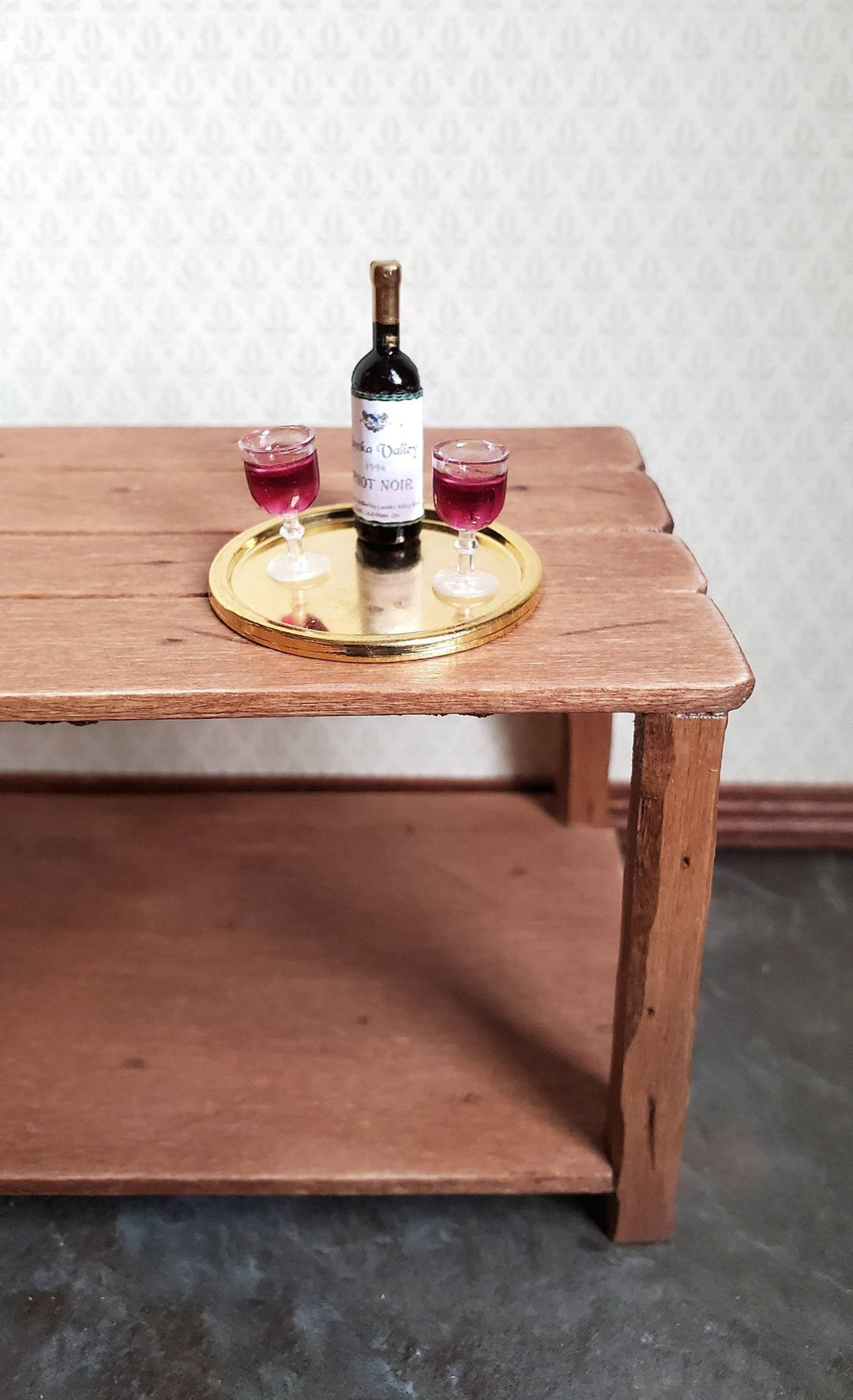 Dollhouse Miniature Red Wine Bottle & 2 Filled Wine Glasses on Tray 1:12 Scale - Miniature Crush