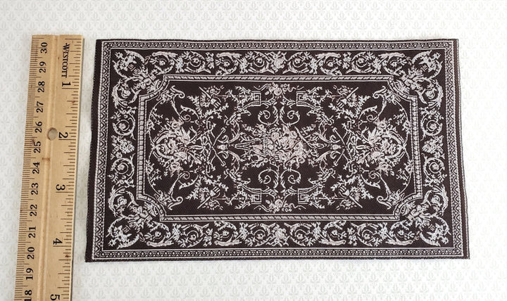 Dollhouse Miniature Rug Brown White Georgian Style Medium Size Woven Fabric 1:12 Scale - Miniature Crush