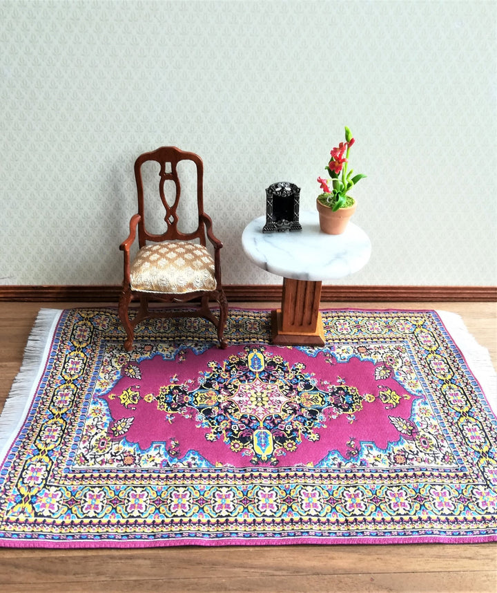 Dollhouse Miniature Rug Burgundy & Gold Carpet with Fringe 1:12 Scale 9.25" x 6" - Miniature Crush
