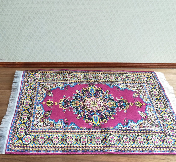 Dollhouse Miniature Rug Burgundy & Gold Carpet with Fringe 1:12 Scale 9.25" x 6" - Miniature Crush