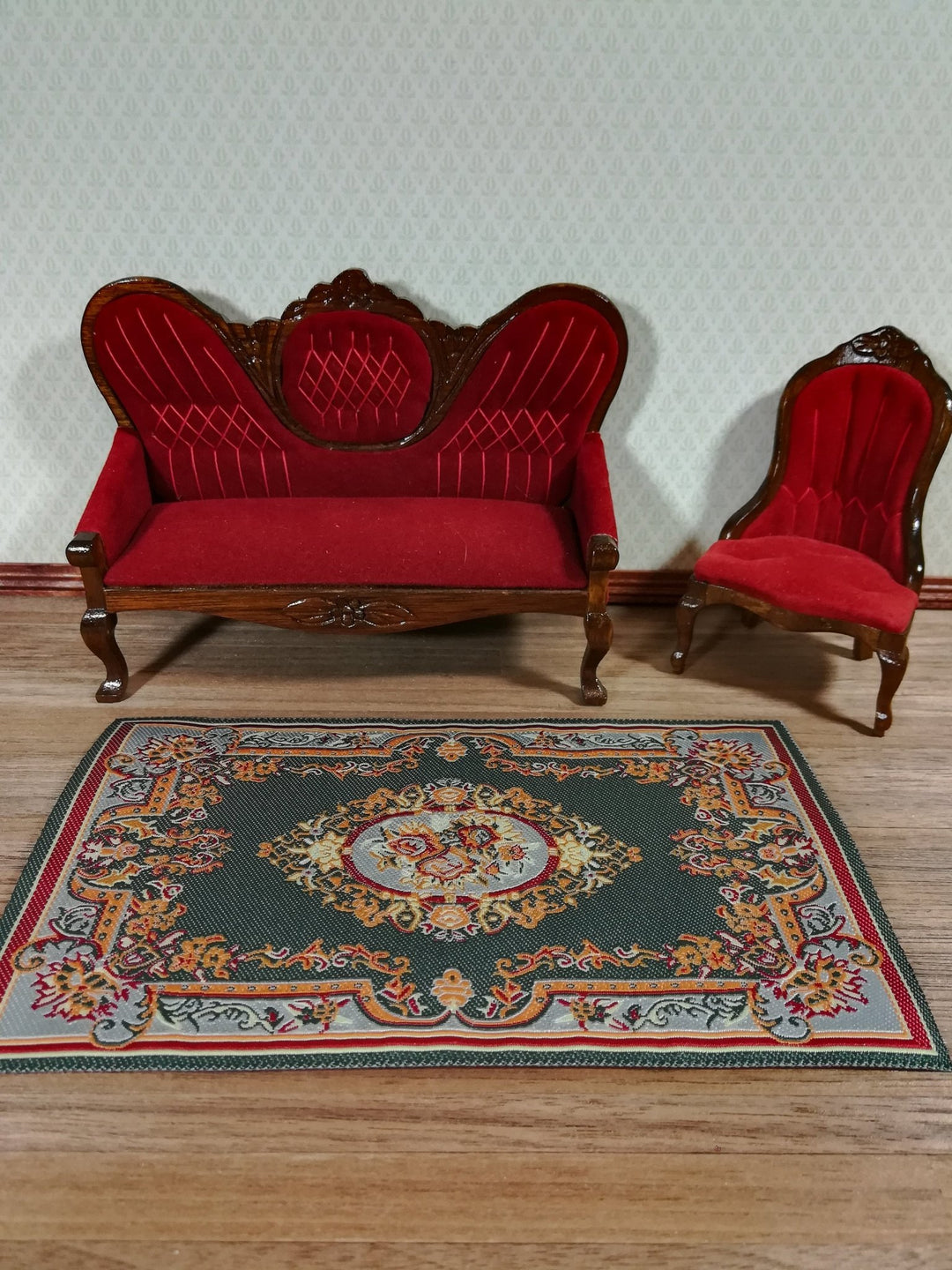 Dollhouse Miniature Rug Green Blue Maroon 5 5/8" x 4" Woven Fabric 1:12 Scale - Miniature Crush