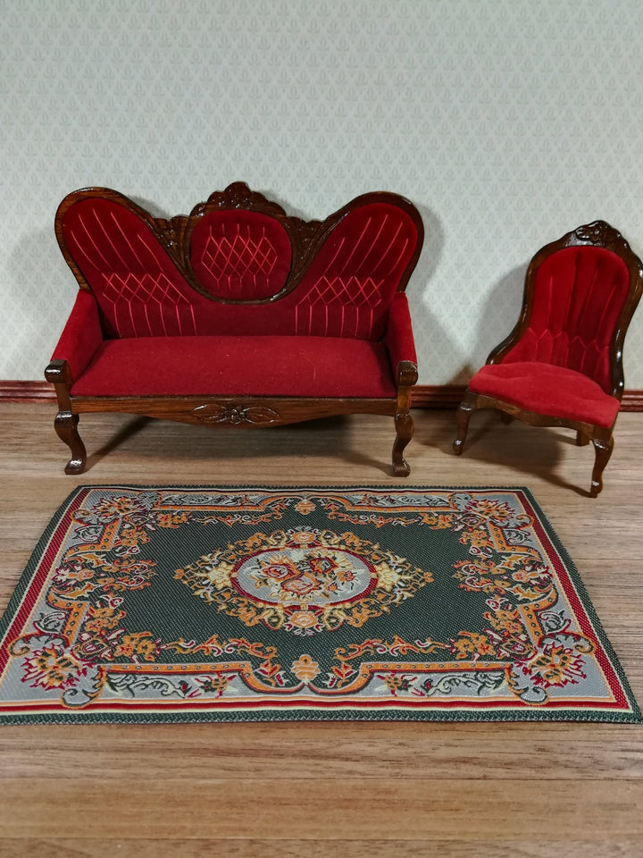 Dollhouse Miniature Rug Green Blue Maroon 5 5/8" x 4" Woven Fabric 1:12 Scale - Miniature Crush