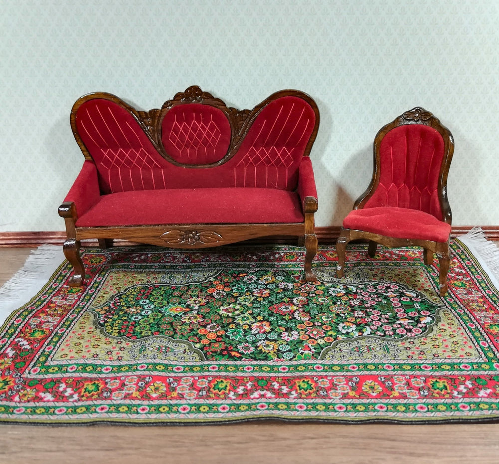 Dollhouse Miniature Rug Large Green Red Gold 9" x 6" with Fringe 1:12 Scale - Miniature Crush