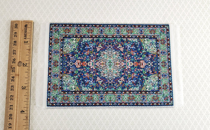 Dollhouse Miniature Rug Small Blue Green 6 1/4" x 3 3/4" with Fringe 1:12 Scale - Miniature Crush