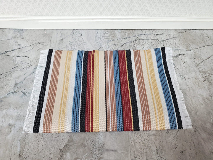 Dollhouse Modern Rug Striped Fabric Small Browns Gold Blue Black with Fringe 1:12 Scale Miniature - Miniature Crush