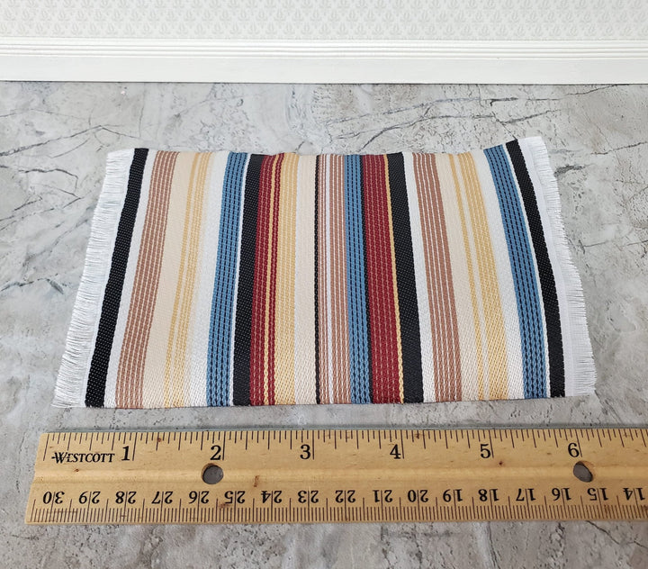 Dollhouse Modern Rug Striped Fabric Small Browns Gold Blue Black with Fringe 1:12 Scale Miniature - Miniature Crush