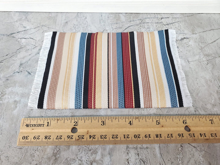 Dollhouse Modern Rug Striped Fabric Small Browns Gold Blue Black with Fringe 1:12 Scale Miniature - Miniature Crush