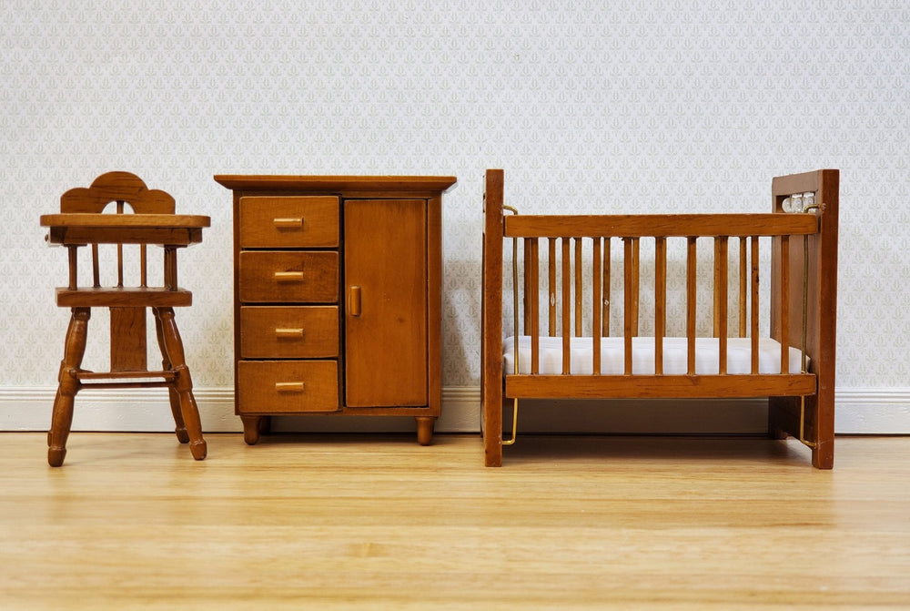 Dollhouse Nursery Room Set Crib High Chair Wardrobe 1:12 Scale Miniatures Walnut Finish - Miniature Crush