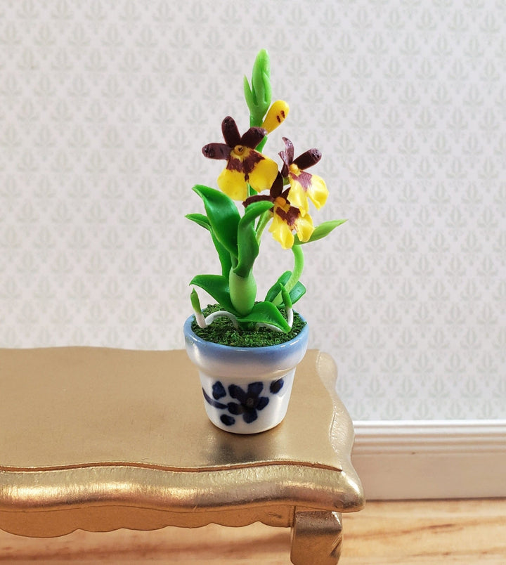 Dollhouse Orchid Plant in Ceramic Planter Yellow Purple 1:12 Scale Miniature Flowers - Miniature Crush