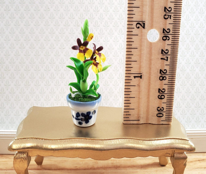 Dollhouse Orchid Plant in Ceramic Planter Yellow Purple 1:12 Scale Miniature Flowers - Miniature Crush