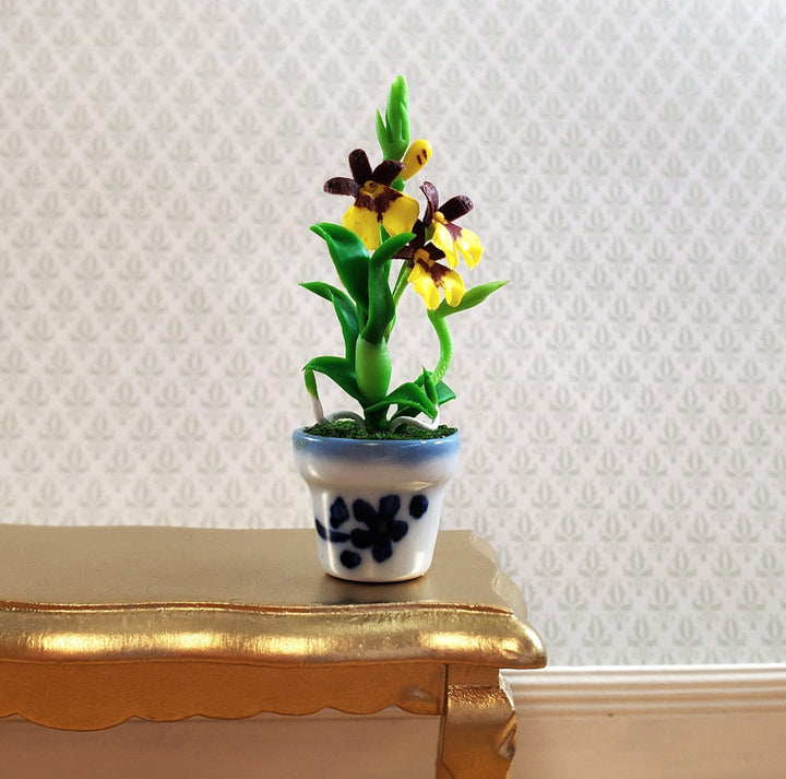 Dollhouse Orchid Plant in Ceramic Planter Yellow Purple 1:12 Scale Miniature Flowers - Miniature Crush