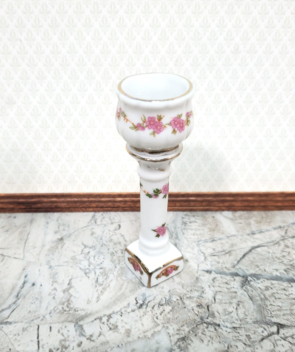 Dollhouse Pedestal with Vase Jardiniere 1:12 Scale Glass Ceramic Pink and White Floral - Miniature Crush
