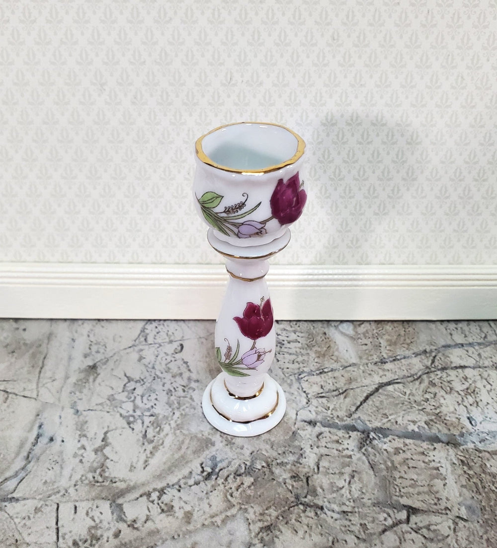 Dollhouse Pedestal with Vase Jardiniere 1:12 Scale Miniature Ceramic White Pink Floral - Miniature Crush