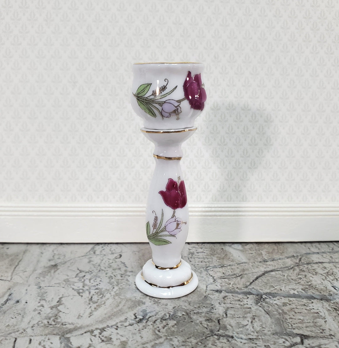 Dollhouse Pedestal with Vase Jardiniere 1:12 Scale Miniature Ceramic White Pink Floral - Miniature Crush