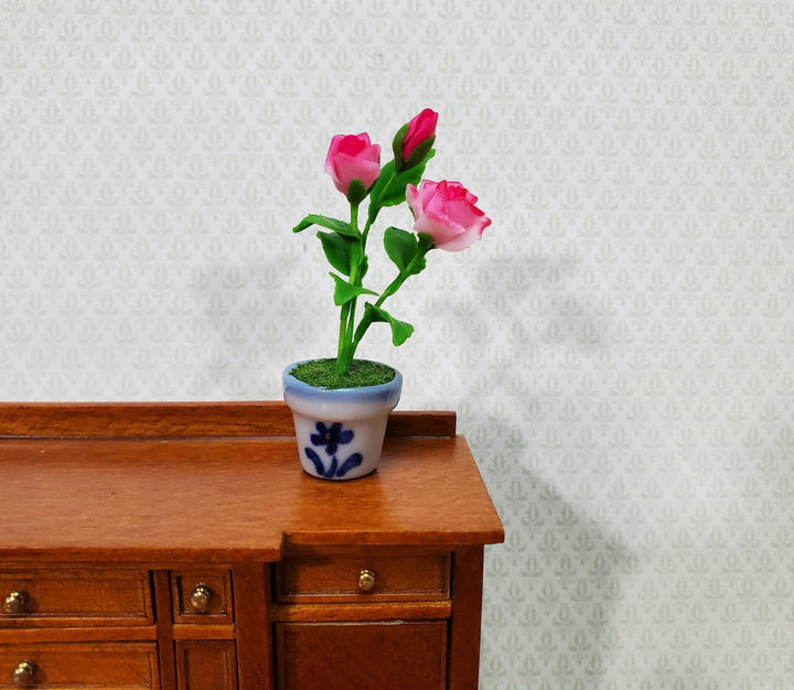 Dollhouse Pink Roses Flowers in Blue & White Ceramic Pot 1:12 Scale Miniature Plant - Miniature Crush