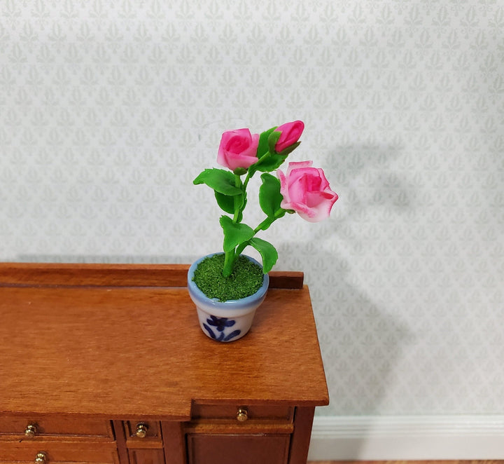Dollhouse Pink Roses Flowers in Blue & White Ceramic Pot 1:12 Scale Miniature Plant - Miniature Crush