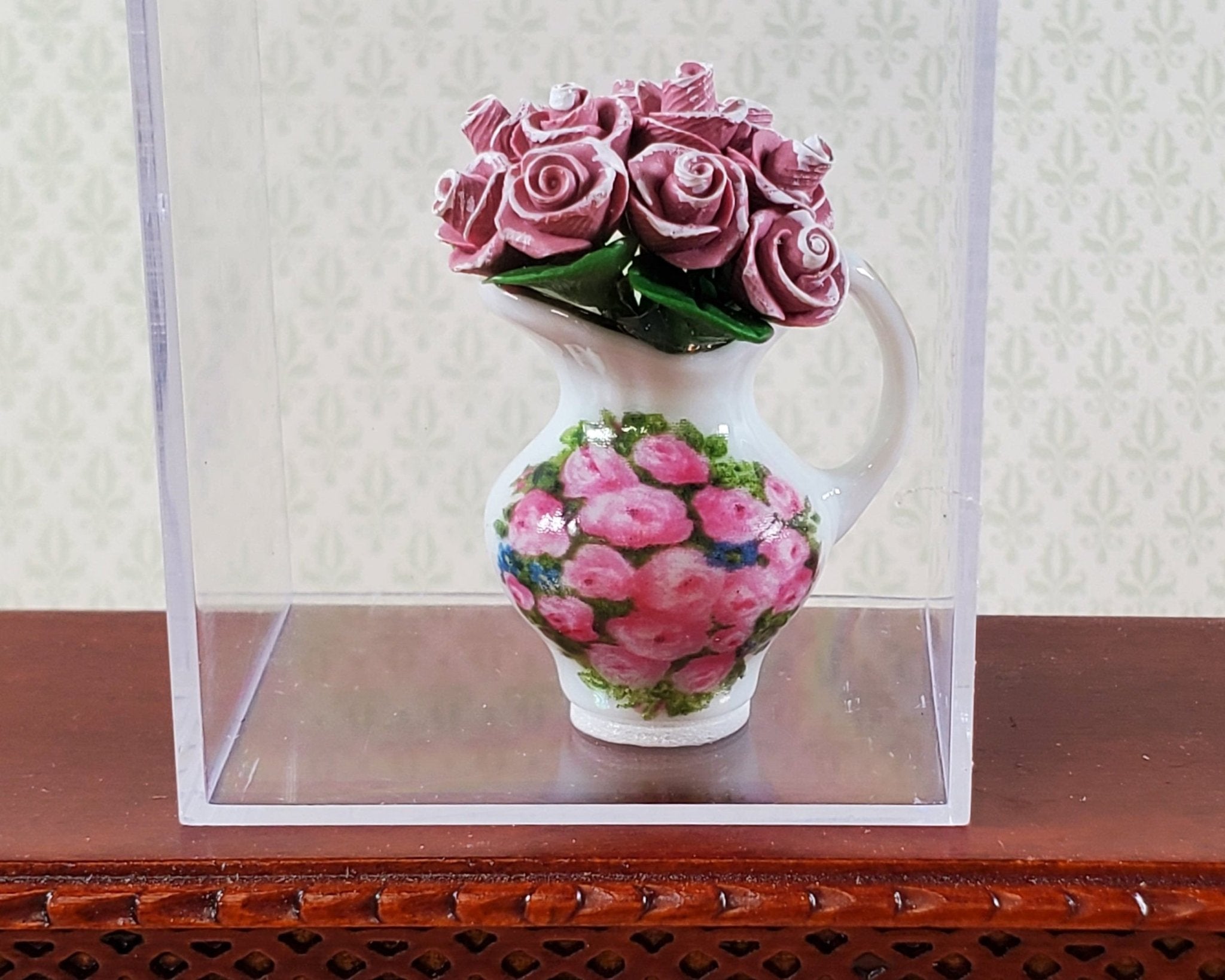 Dollhouse Red Roses in a Blue and White Ceramic Pot 1:12 Scale