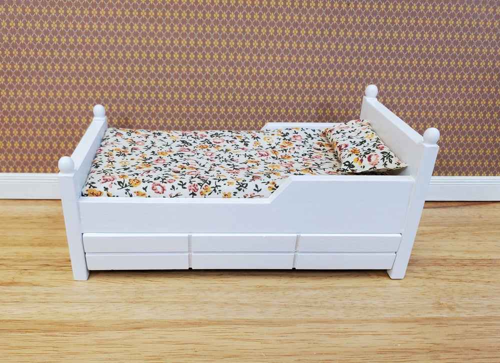 Dollhouse Pull Out Trundle Bed Twin Size Wood Floral Sheets 1:12 Scale Furniture - Miniature Crush