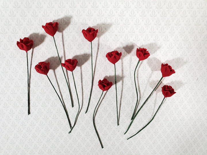 Dollhouse Red Roses Flowers Set of 10 with Stems 1:12 Scale Miniature Garden - Miniature Crush