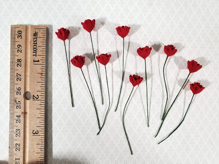 Dollhouse Red Roses Flowers Set of 10 with Stems 1:12 Scale Miniature Garden - Miniature Crush