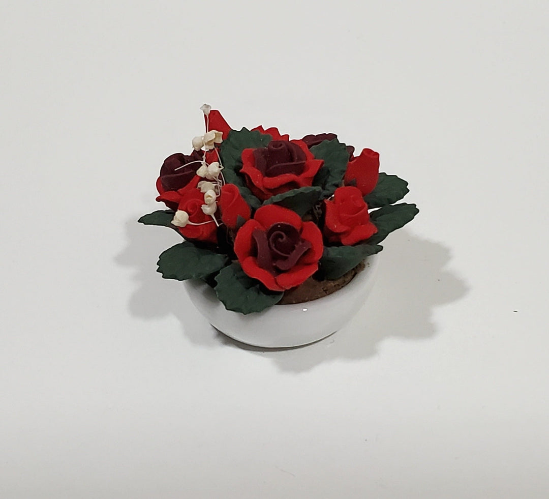 Dollhouse Red Roses in Ceramic White Pot 1:12 Scale Miniature Flowers - Miniature Crush