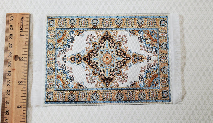 Dollhouse Rug Cream Gold Blue 6" x 4" Woven Fabric 1:12 Scale Miniature Carpet - Miniature Crush