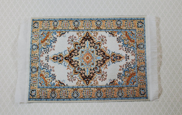 Dollhouse Rug Cream Gold Blue 6" x 4" Woven Fabric 1:12 Scale Miniature Carpet - Miniature Crush