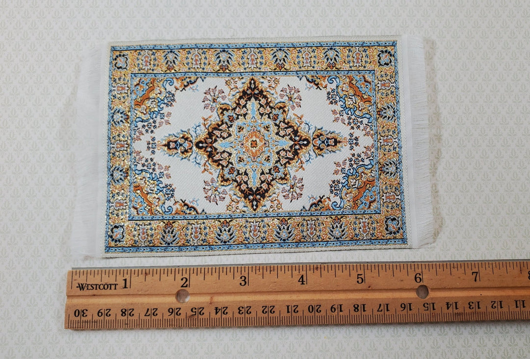 Dollhouse Rug Cream Gold Blue 6" x 4" Woven Fabric 1:12 Scale Miniature Carpet - Miniature Crush