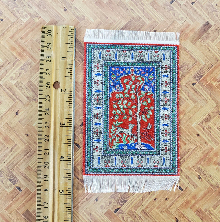 Dollhouse Rug Small Red Blue with Tree & Deer Fringe 5" x 3" 1:12 Scale Miniatures - Miniature Crush