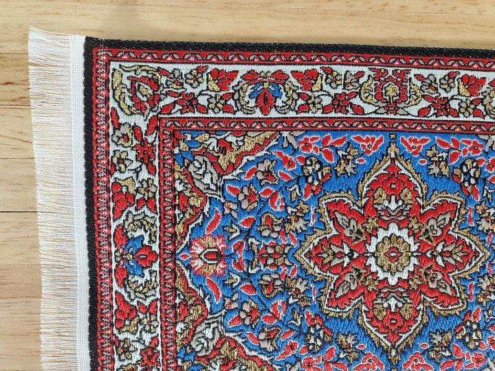 Dollhouse Rug with Fringe Blue Red Gold 6" x 4" Woven Fabric 1:12 Scale Miniature - Miniature Crush