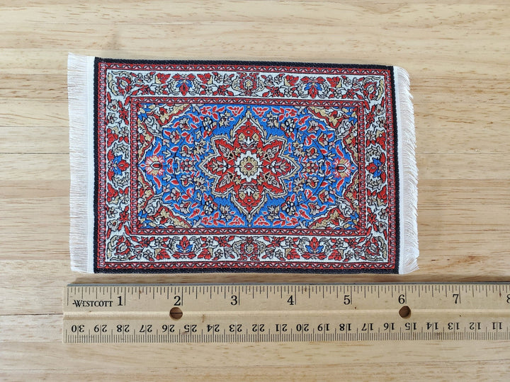 Dollhouse Rug with Fringe Blue Red Gold 6" x 4" Woven Fabric 1:12 Scale Miniature - Miniature Crush