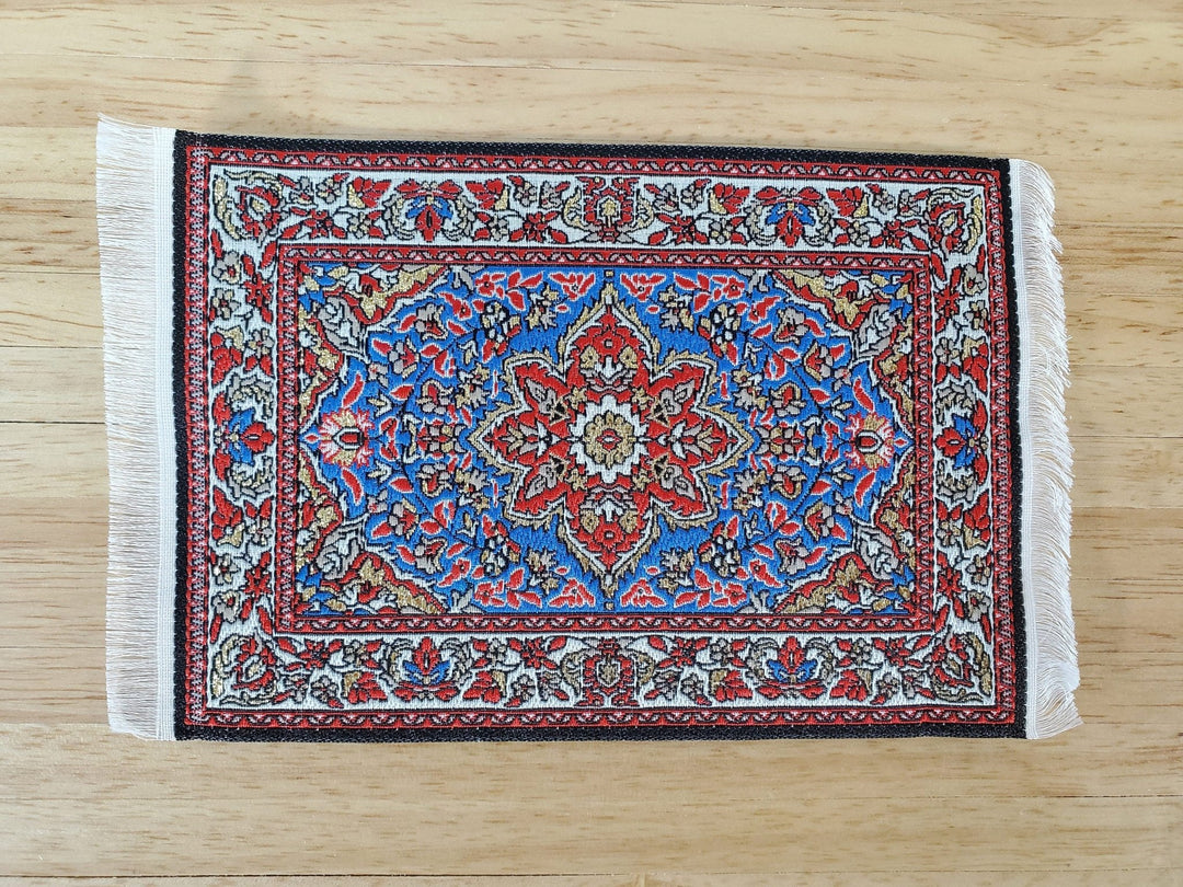 Dollhouse Rug with Fringe Blue Red Gold 6" x 4" Woven Fabric 1:12 Scale Miniature - Miniature Crush
