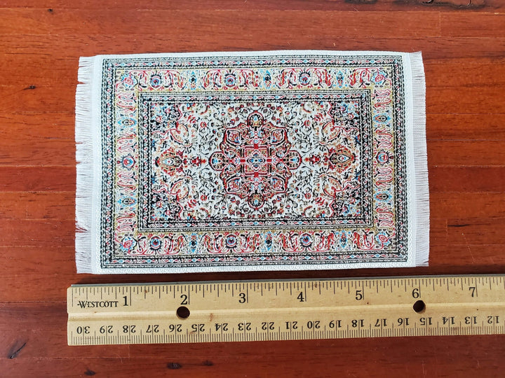 Dollhouse Rug with Fringe Cream Rust & Gold 6" x 4" Woven Fabric 1:12 Scale Miniature - Miniature Crush