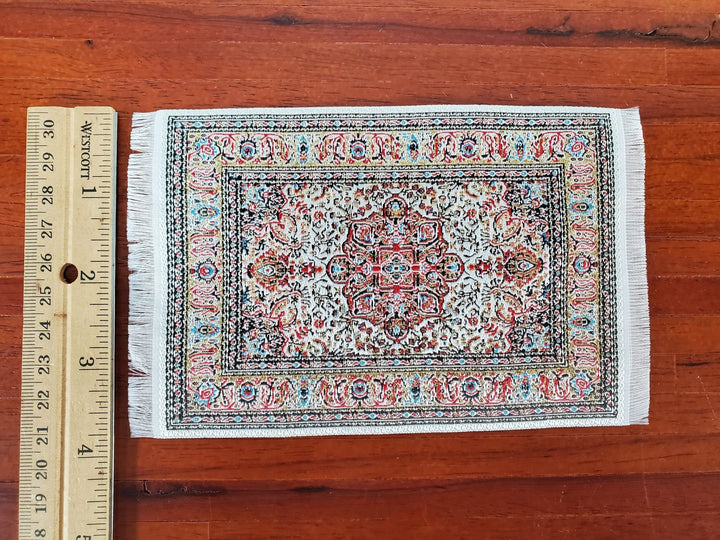 Dollhouse Rug with Fringe Cream Rust & Gold 6" x 4" Woven Fabric 1:12 Scale Miniature - Miniature Crush