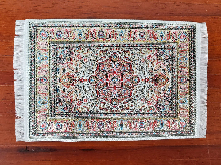 Dollhouse Rug with Fringe Cream Rust & Gold 6" x 4" Woven Fabric 1:12 Scale Miniature - Miniature Crush