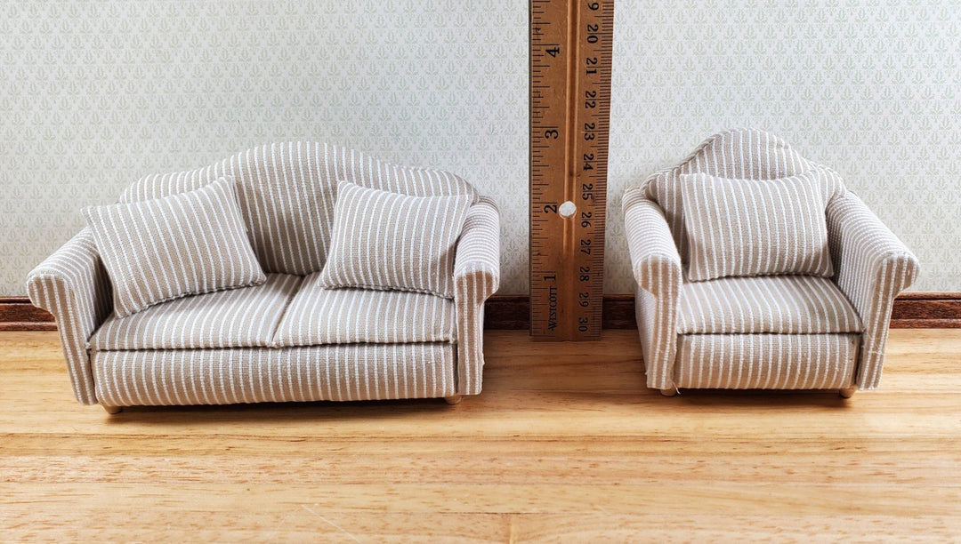Dollhouse Sofa & Chair Striped Beige Couch 1:12 Scale Miniature Modern Furniture - Miniature Crush