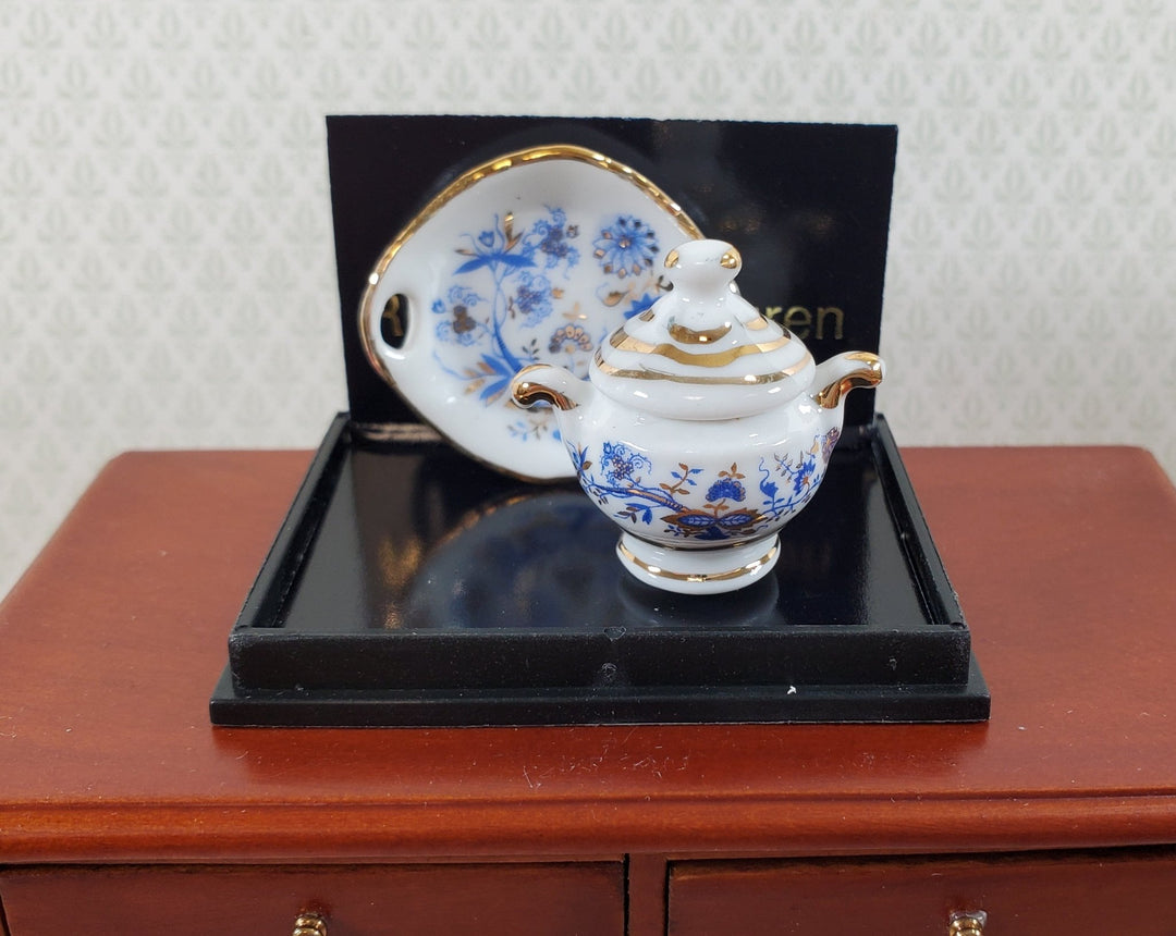 Dollhouse Soup Tureen with Platter by Reutter Porcelain Blue Onion Design 1:12 Scale - Miniature Crush