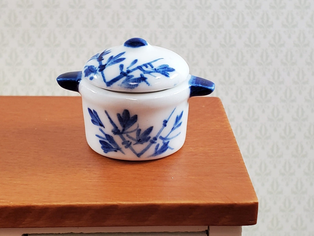 Dollhouse Stock Pot for Soup Ceramic with Lid Blue & White 1:12 Scale Miniatures - Miniature Crush