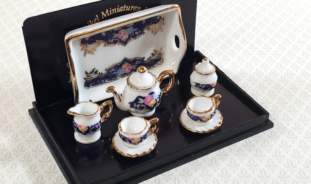 Dollhouse Tea Set Reutter Porcelain Royal Blue 1:12 Scale Teapot Cups Creamer - Miniature Crush