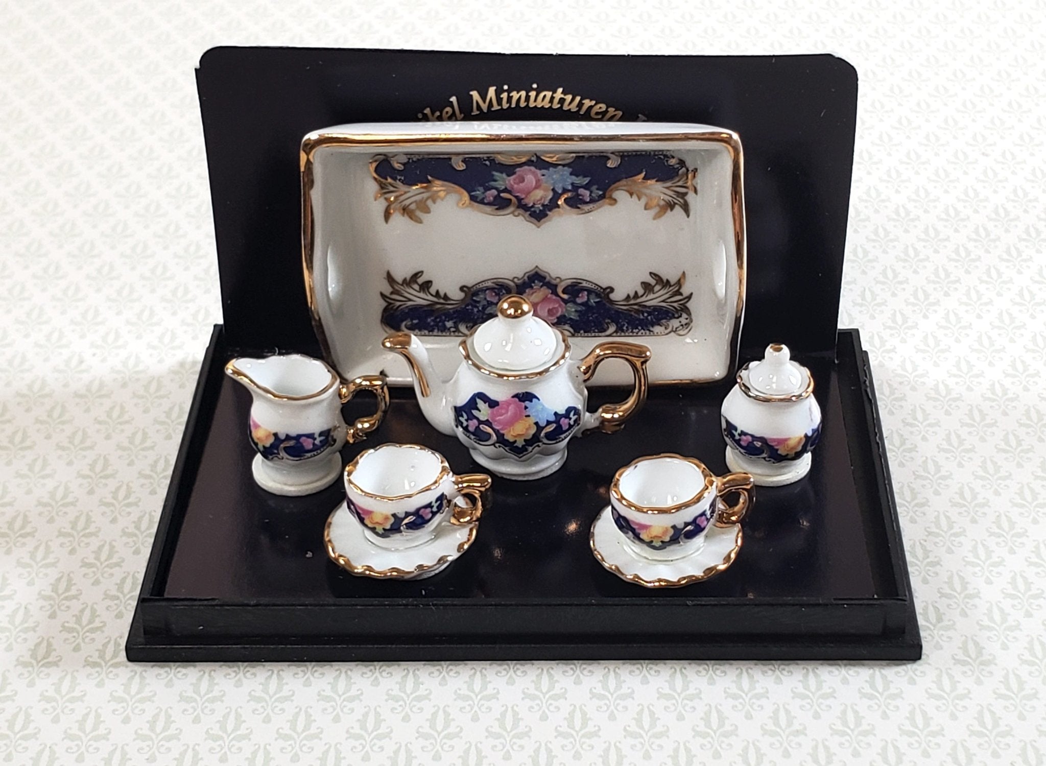 Dollhouse Tea Set Reutter Porcelain Royal Blue 1:12 Scale Teapot Cups Creamer