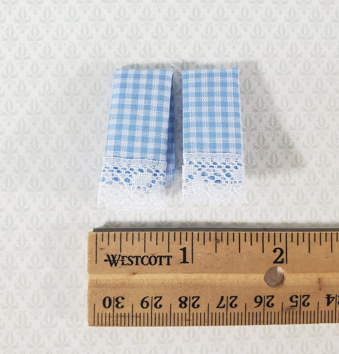 Dollhouse Dish Towels With Lace Blue & Rust Handmade 1:12 Scale