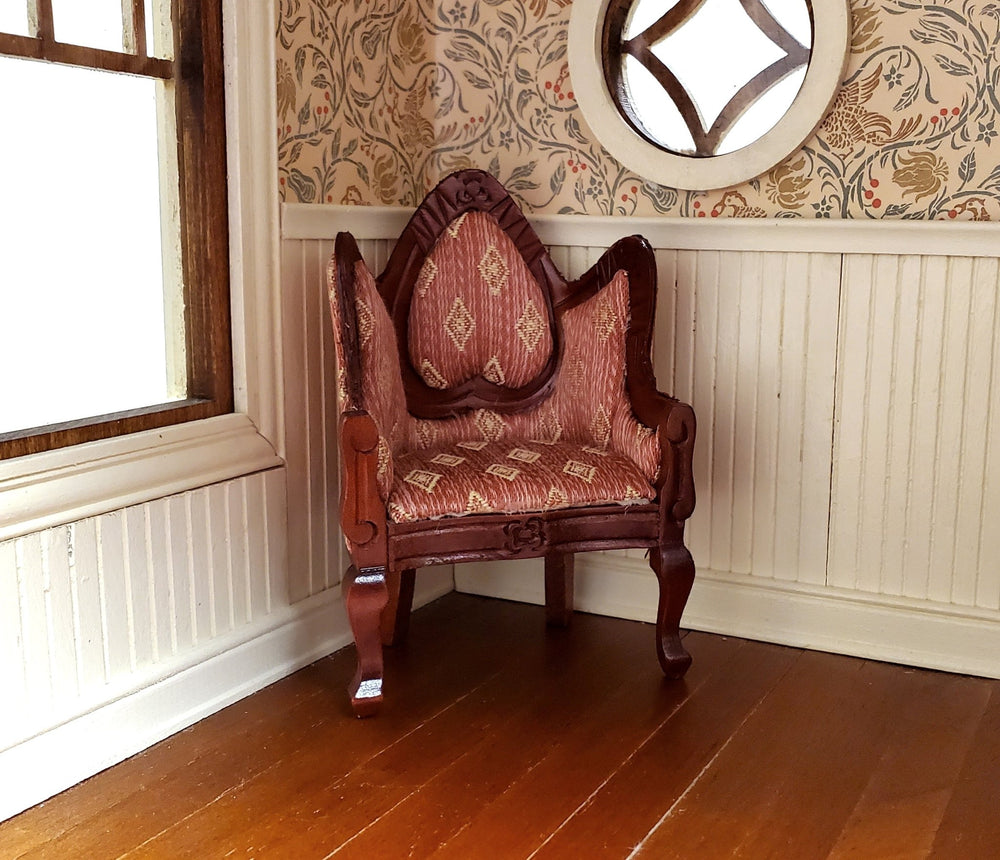 Dollhouse Victorian Arm Chair Dark Pink 1:12 Scale Furniture Mahogany Finish - Miniature Crush