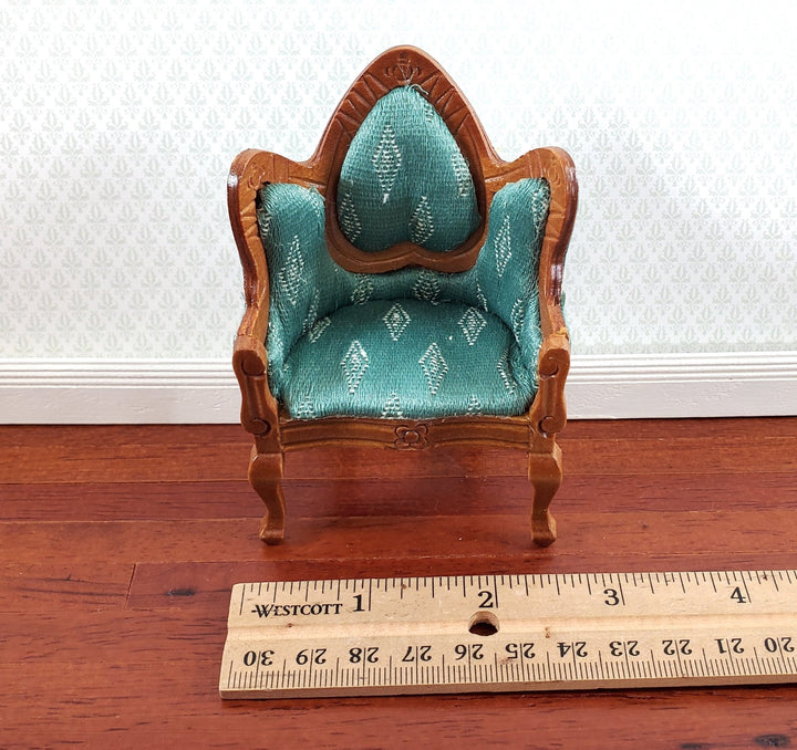 Dollhouse Victorian Arm Chair Green 1:12 Scale Furniture Walnut Wood Finish - Miniature Crush