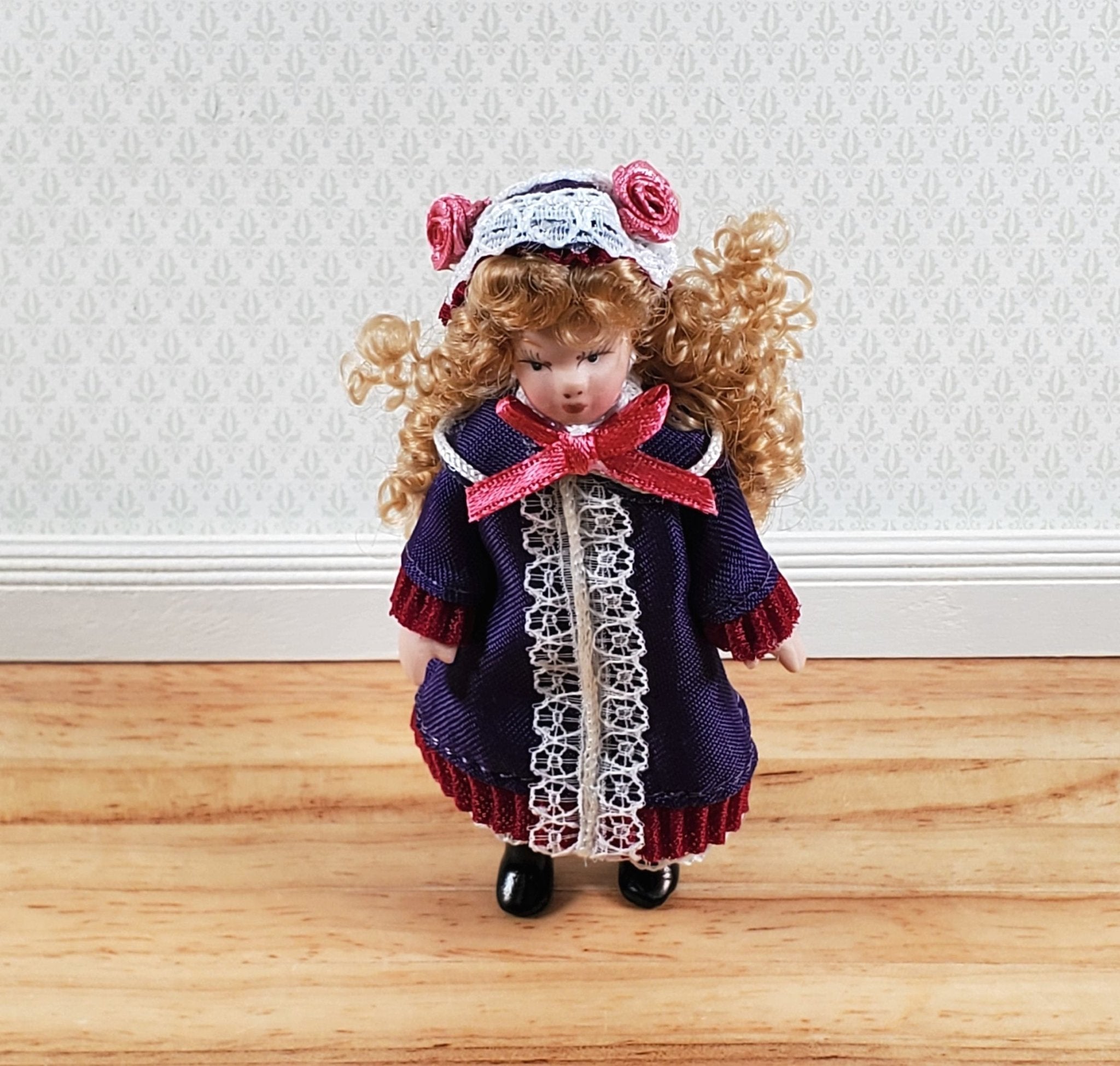 Dollhouse Victorian Girl Doll Purple Dress Porcelain Poseable 1:12 Scale